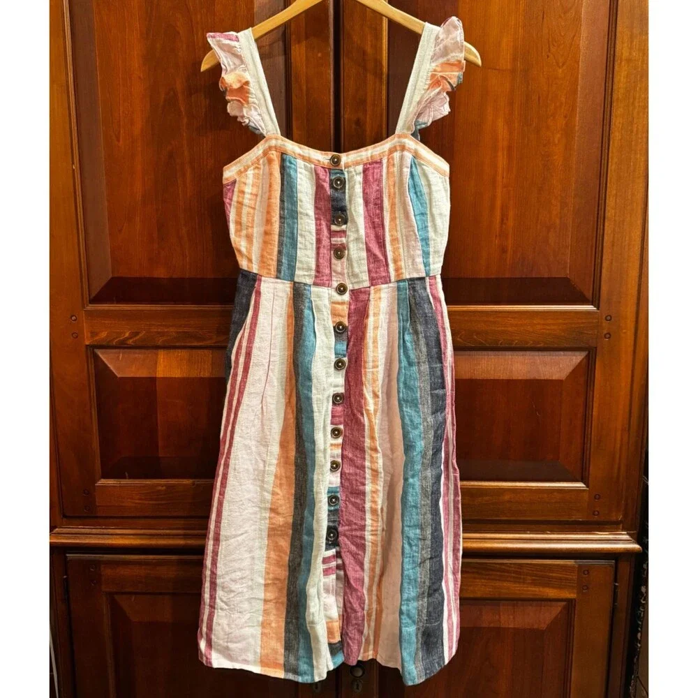 J.Crew 100% Linen Striped Midi Dress Ruffle Strap Button Front No Belt Size 2